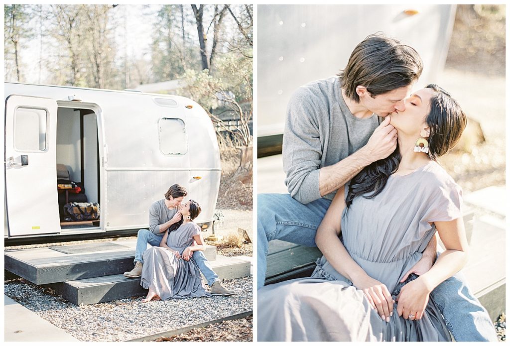 Post wedding photos at Yosemite in airstream. Shot in black and white with couple sharing coffee and in bed. Photographed by wedding photographers in Charleston Amy Mulder Photography.