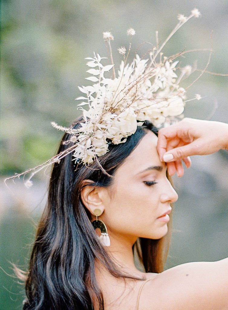 Dried flower crown with large off white thin stems. Photographed by wedding photographers in Charleston Amy Mulder Photography.