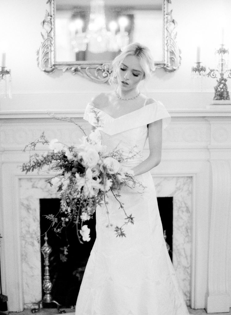 Black and white wedding portrait at Lowndes Grove wedding photographed by wedding photographers in Charleston Amy Mulder Photography.