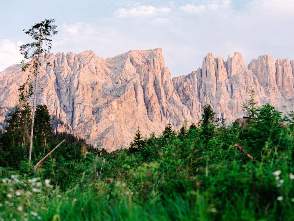Dolomite Mountains in Italy at sunset.