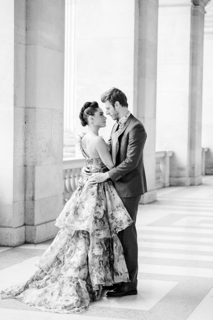 Black and white bride and groom intimate wedding portraits photographed by wedding photographers in France Amy Mulder Photography 