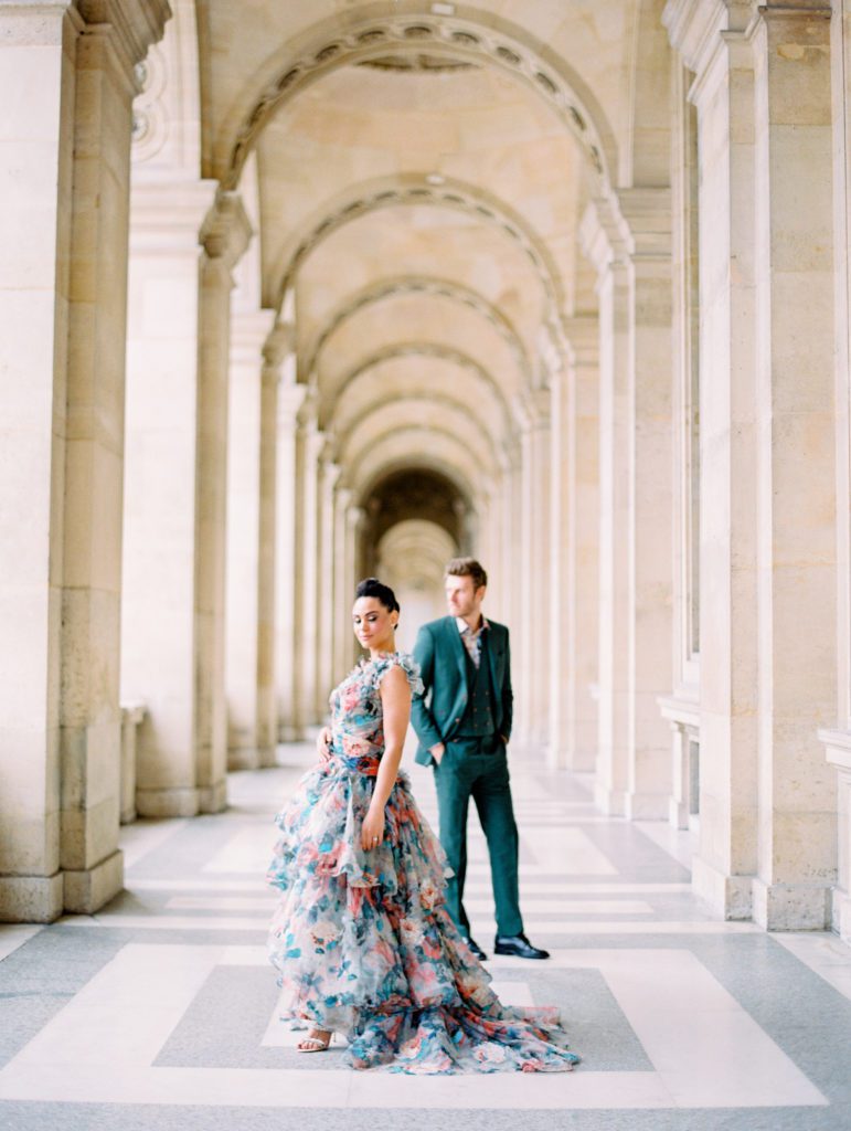 Elopement in Paris Inspired by Dior with colorful couture gown photographed by wedding photographers in France Amy Mulder Photography 