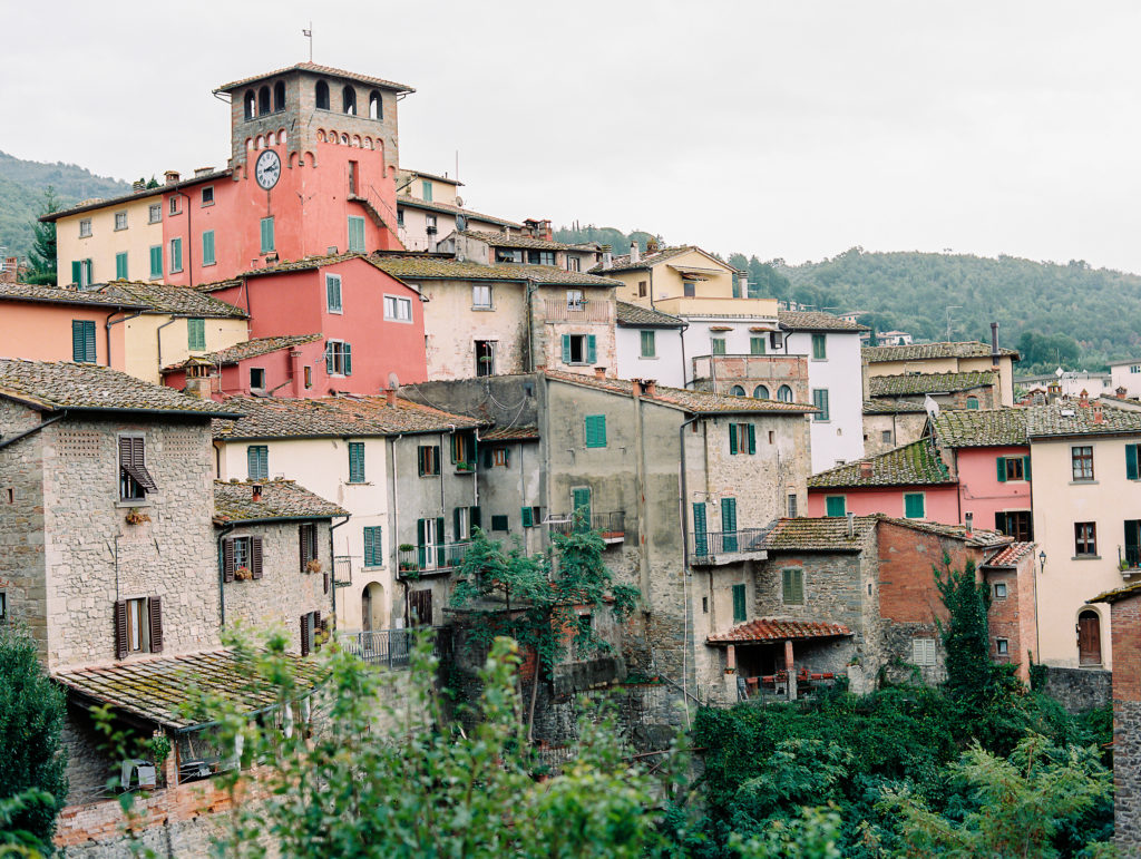 Colorful houses and buildings in quaint town in Tuscany Italy