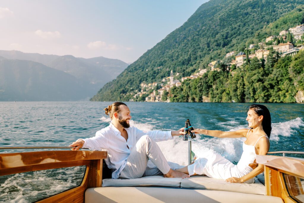 Film photograph of Lake Como engagement session a wooden boat photographed by Lake Como photographer