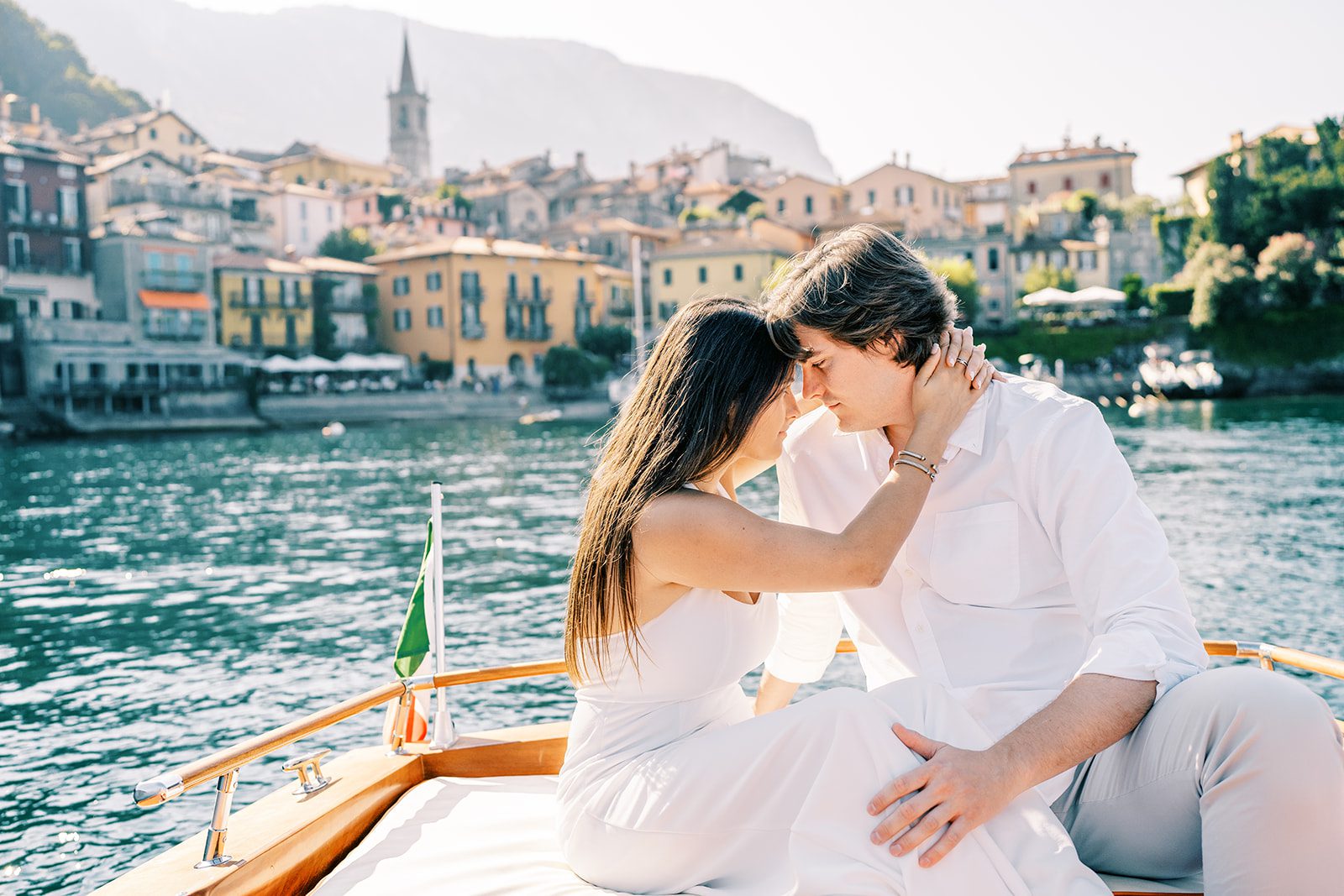 Film photograph of Lake Como engagement session with boat ride.