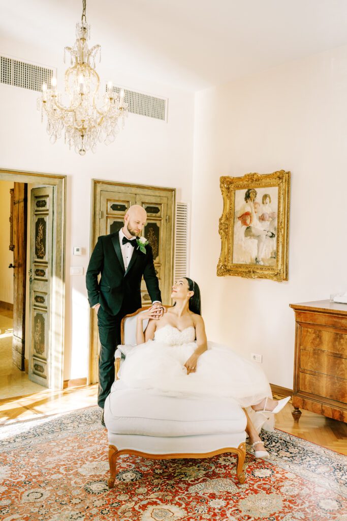 film photograph of bride and groom  at Lake Como elopement in Italy at Villa la Cassianella photographed by Lake Como photographer