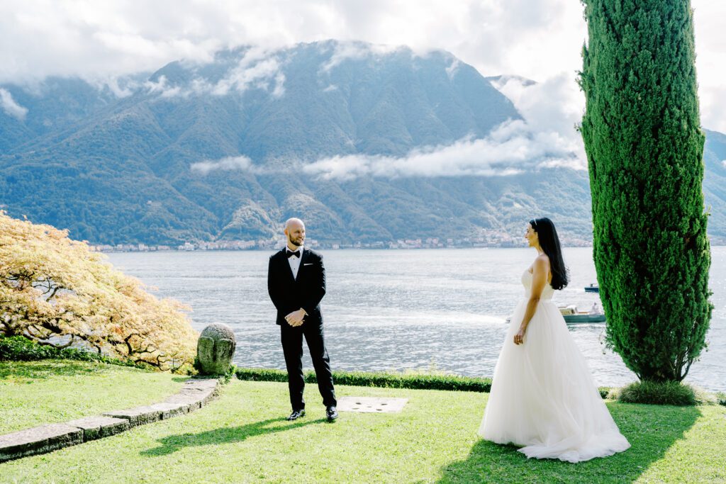 film photograph of bride and groom's first look at Lake Como elopement in Italy at Villa la Cassianella photographed by Lake Como photographer