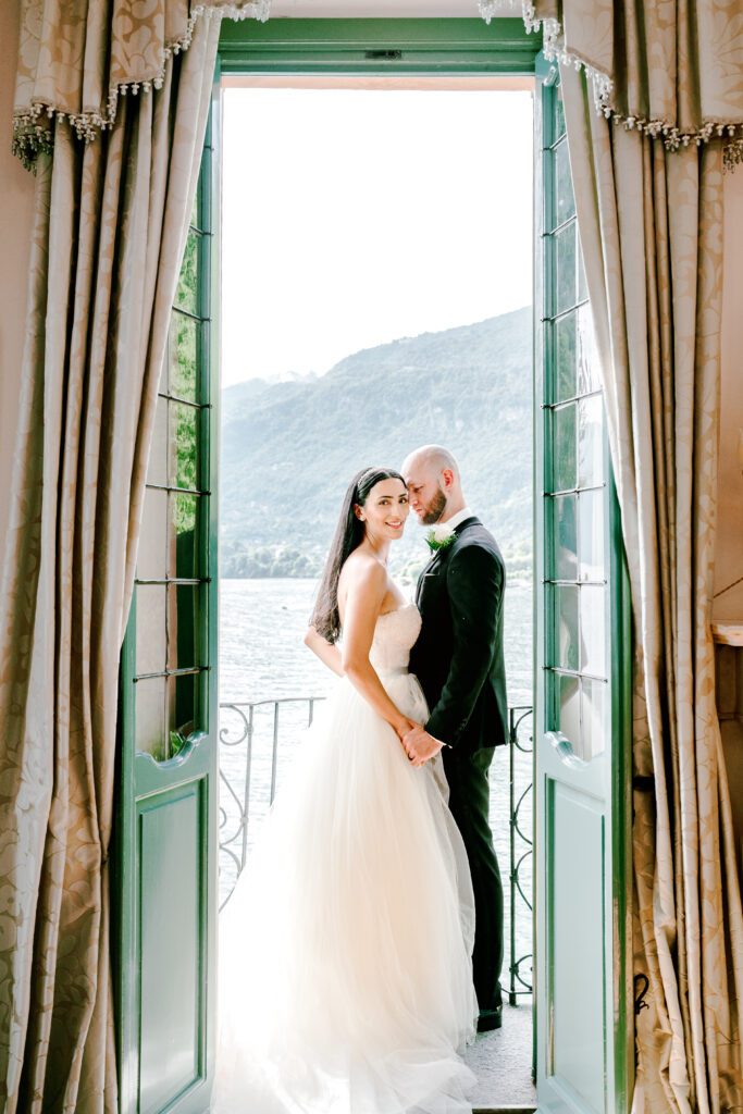 film photograph of bride and groom  at Lake Como elopement in Italy at Villa la Cassianella photographed by Lake Como photographer