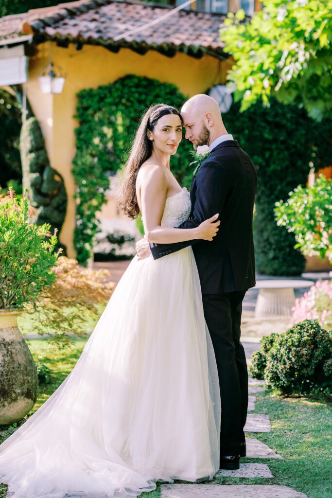 film photograph of bride and groom  at Lake Como elopement in Italy at Villa la Cassianella photographed by Lake Como photographer