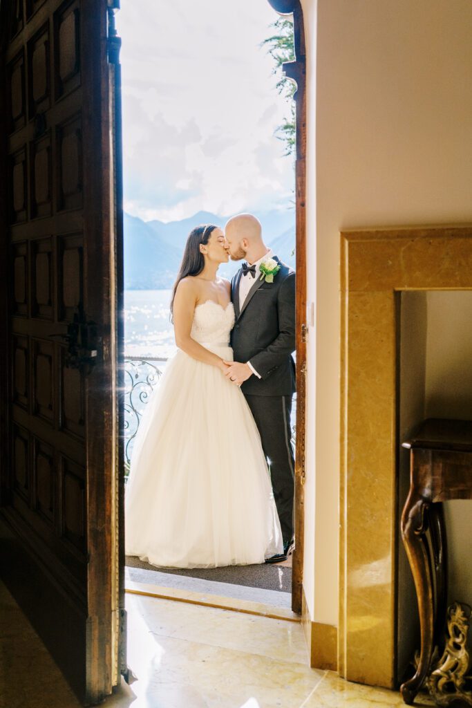 film photograph of bride and groom  at Lake Como elopement in Italy at Villa la Cassianella photographed by Lake Como photographer