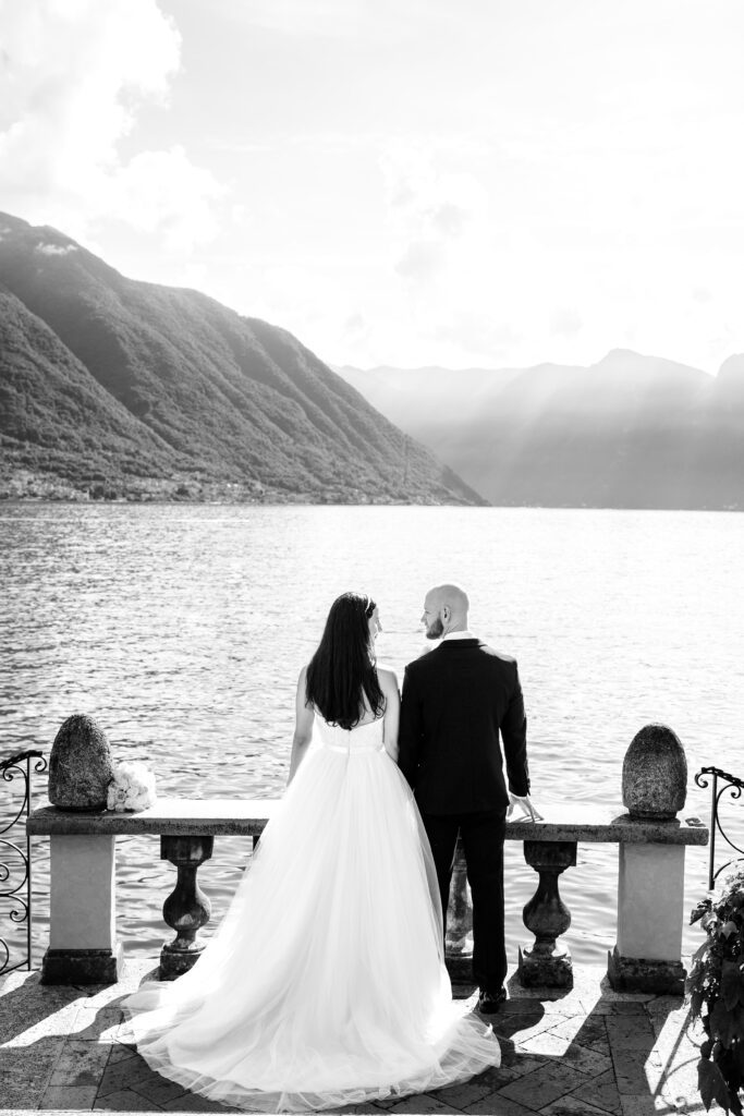 film photograph of bride and groom  at Lake Como elopement in Italy at Villa la Cassianella photographed by Lake Como photographer