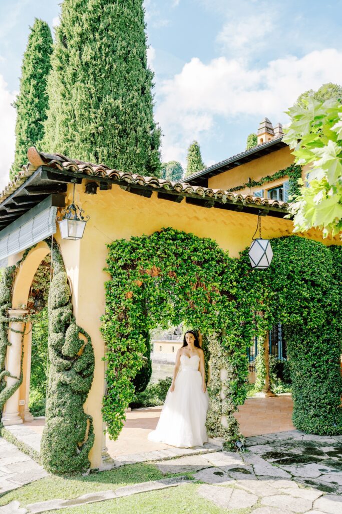 film photograph of bride at Lake Como elopement in Italy at Villa la Cassianella photographed by Lake Como photographer