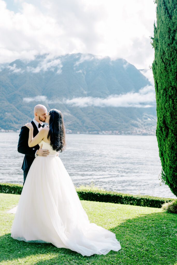 film photograph of bride and groom's first look at Lake Como elopement in Italy at Villa la Cassianella photographed by Lake Como photographer