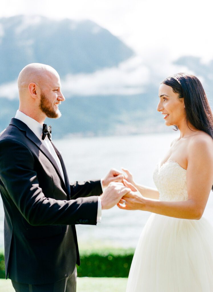 film photograph of bride and groom's first look at Lake Como elopement in Italy at Villa la Cassianella photographed by Lake Como photographer