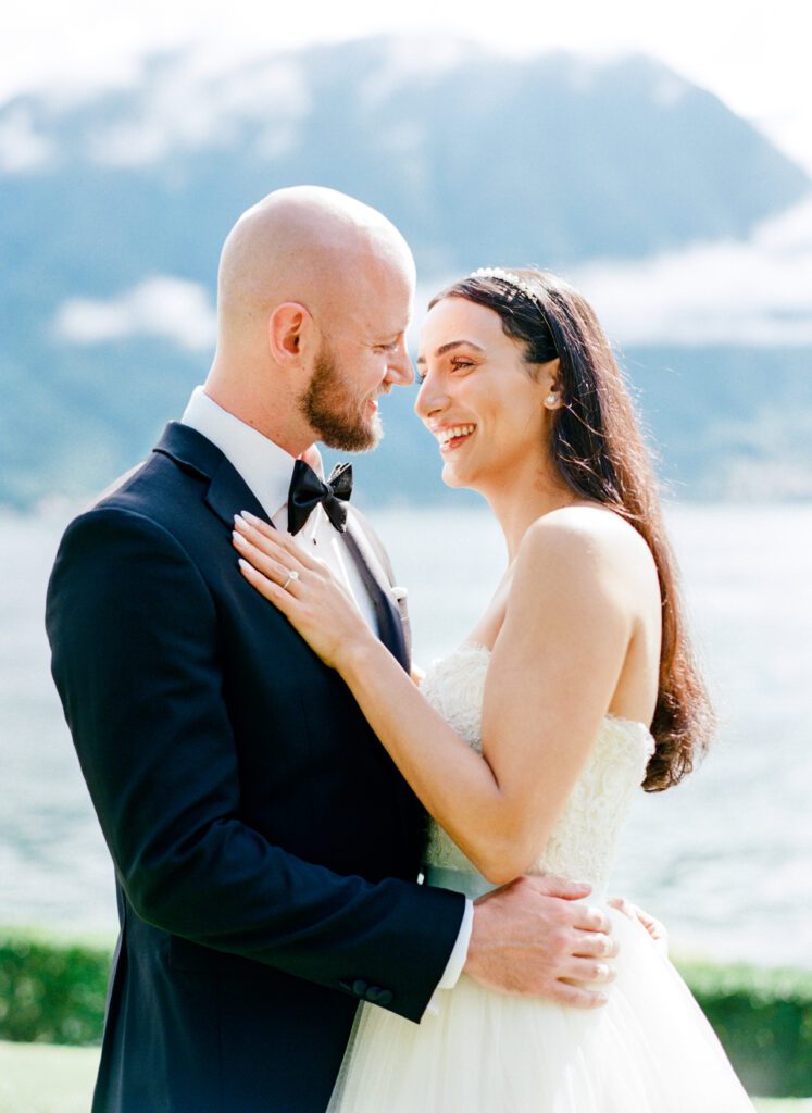 film photograph of bride and groom's first look at Lake Como elopement in Italy at Villa la Cassianella photographed by Lake Como photographer