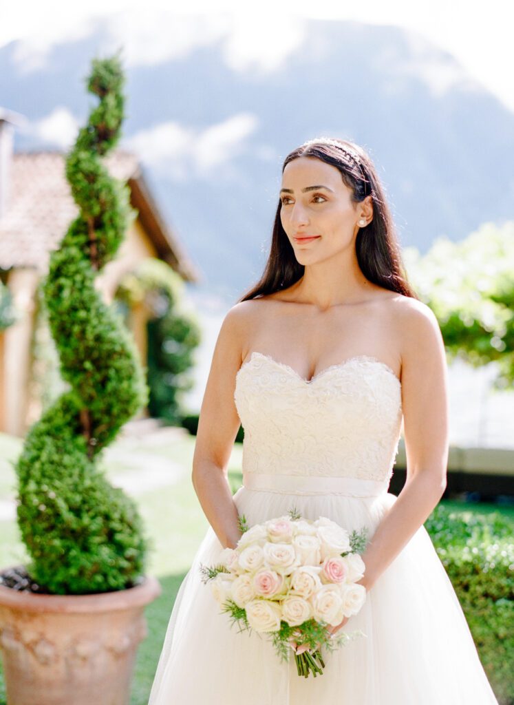 film photograph of bride at Lake Como elopement in Italy at Villa la Cassianella photographed by Lake Como photographer