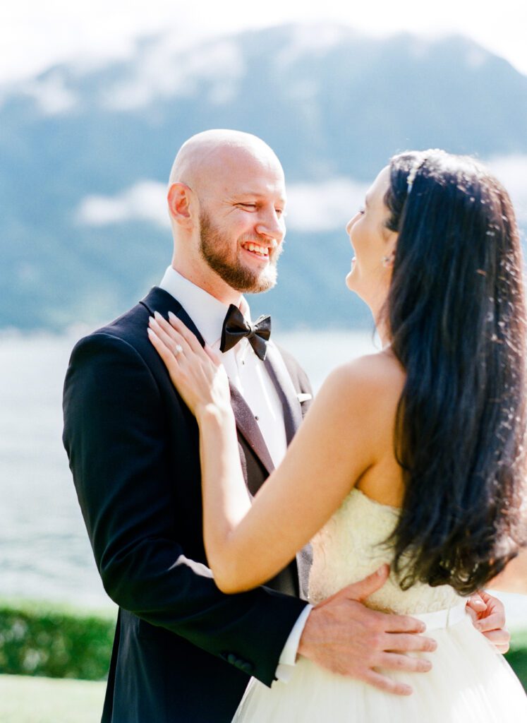 film photograph of bride and groom's first look at Lake Como elopement in Italy at Villa la Cassianella photographed by Lake Como photographer