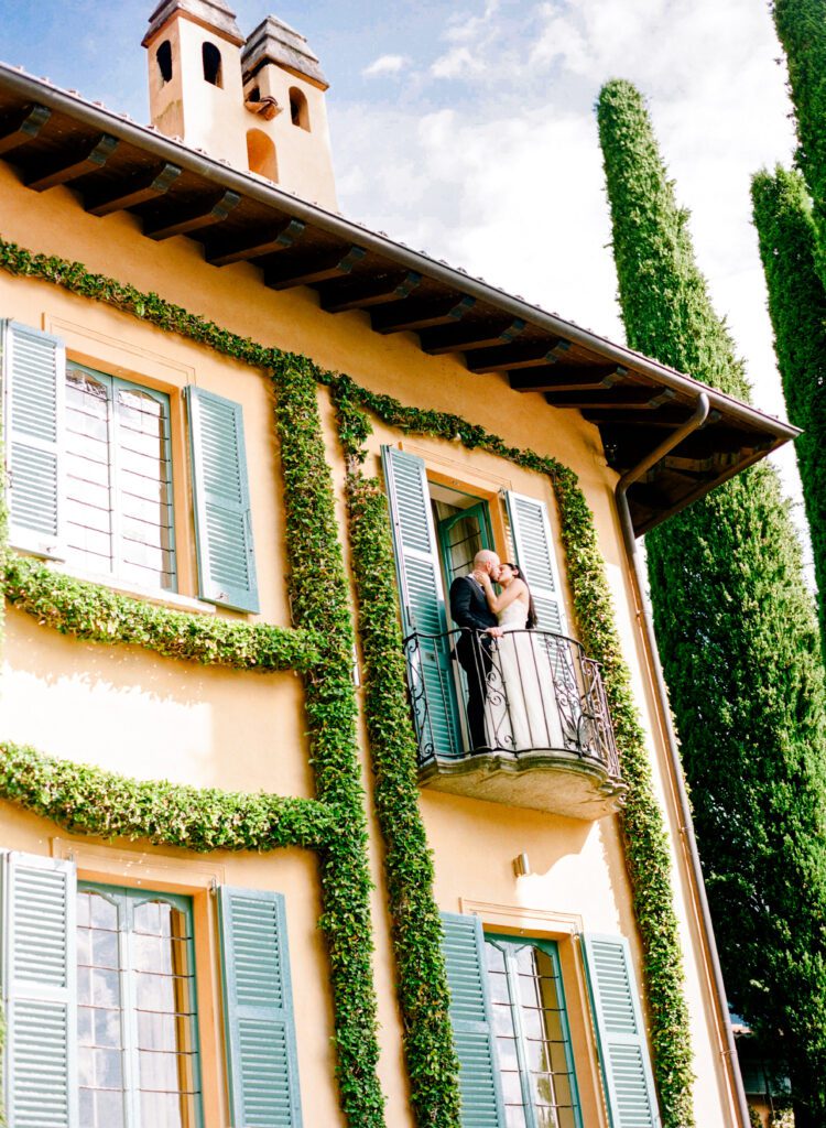 film photograph of bride and groom  at Lake Como elopement in Italy at Villa la Cassianella photographed by Lake Como photographer