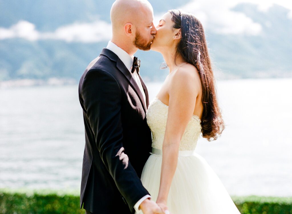 film photograph of bride and groom's first look at Lake Como elopement in Italy at Villa la Cassianella photographed by Lake Como photographer