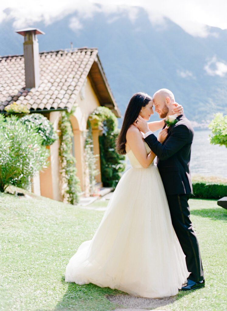 film photograph of bride and groom at Lake Como elopement in Italy at Villa la Cassianella photographed by Lake Como photographer