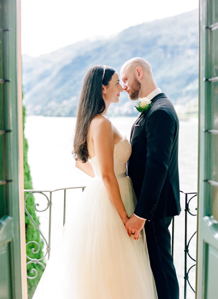 film photograph of bride and groom  at Lake Como elopement in Italy at Villa la Cassianella photographed by Lake Como photographer