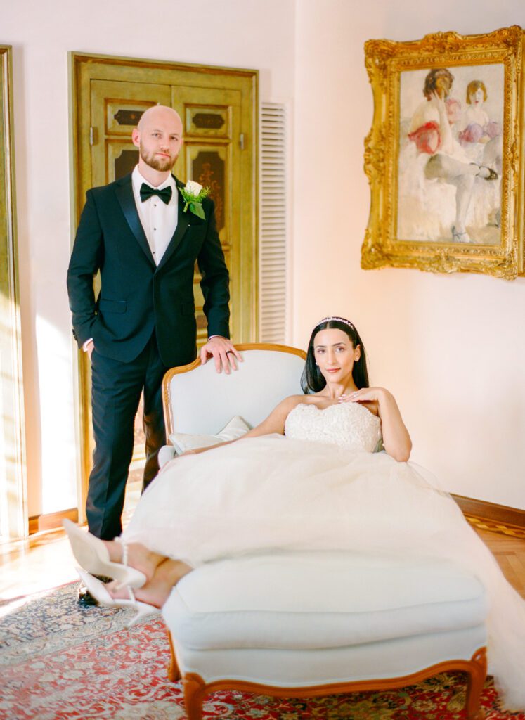 film photograph of bride and groom  at Lake Como elopement in Italy at Villa la Cassianella photographed by Lake Como photographer