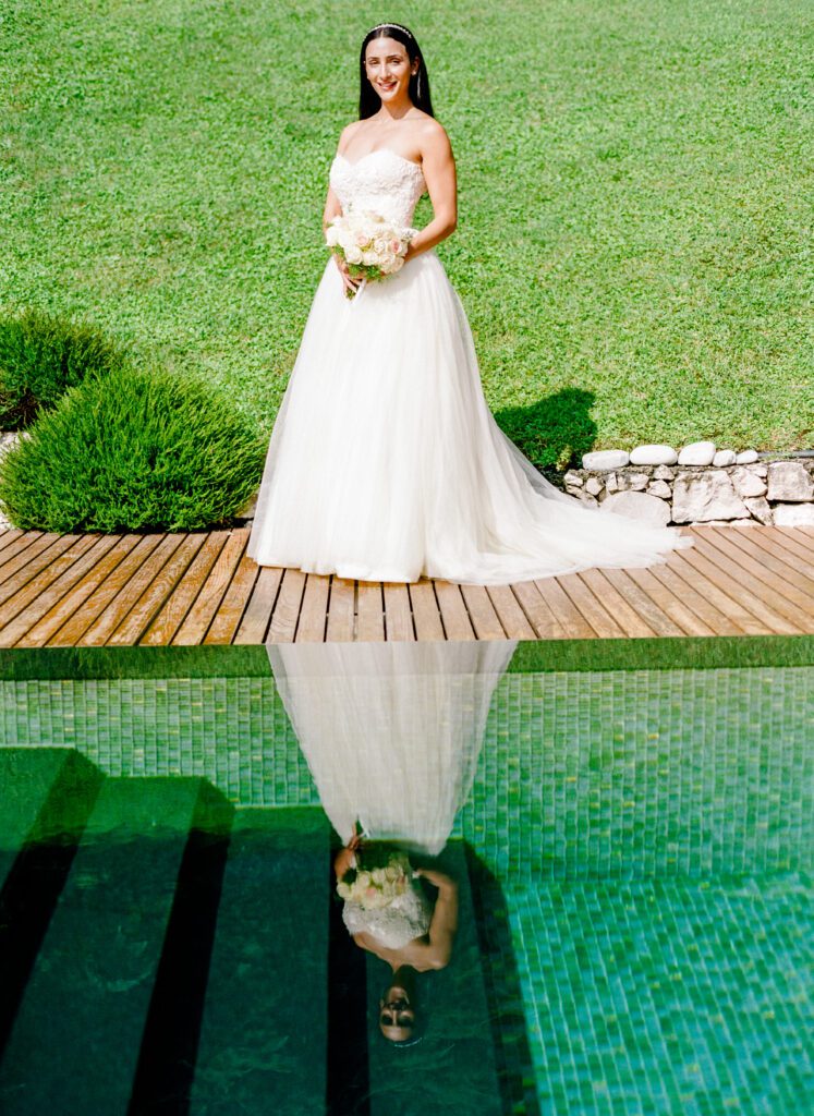 film photograph of bride at Lake Como elopement in Italy at Villa la Cassianella photographed by Lake Como photographer