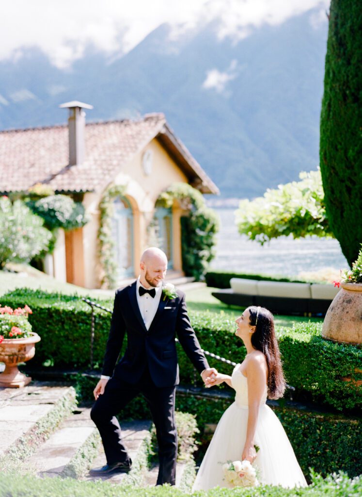 film photograph of bride and groom at Lake Como elopement in Italy at Villa la Cassianella photographed by Lake Como photographer