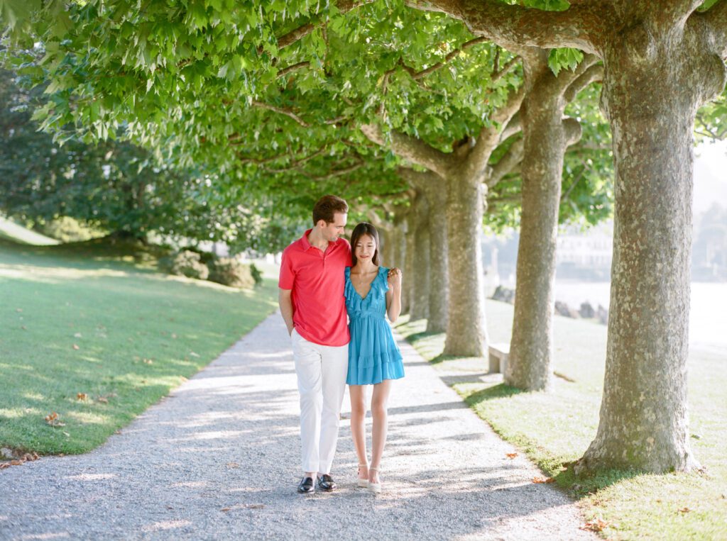Barbie fashion inspired Lake Como engagement session at Villa Melzi photographed by Lake Como photographer
