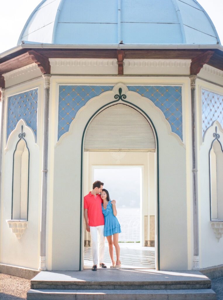Barbie fashion inspired Lake Como engagement session at Villa Melzi photographed by Lake Como photographer
