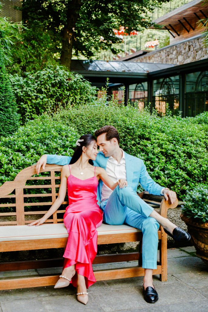 Barbie fashion inspired Lake Como engagement session at Grand Hotel Tremezzo photographed by Lake Como photographer