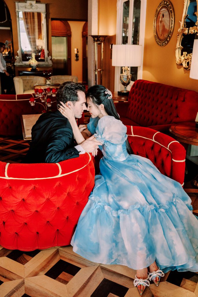Barbie fashion inspired Lake Como engagement session at Grand Hotel Tremezzo photographed by Lake Como photographer