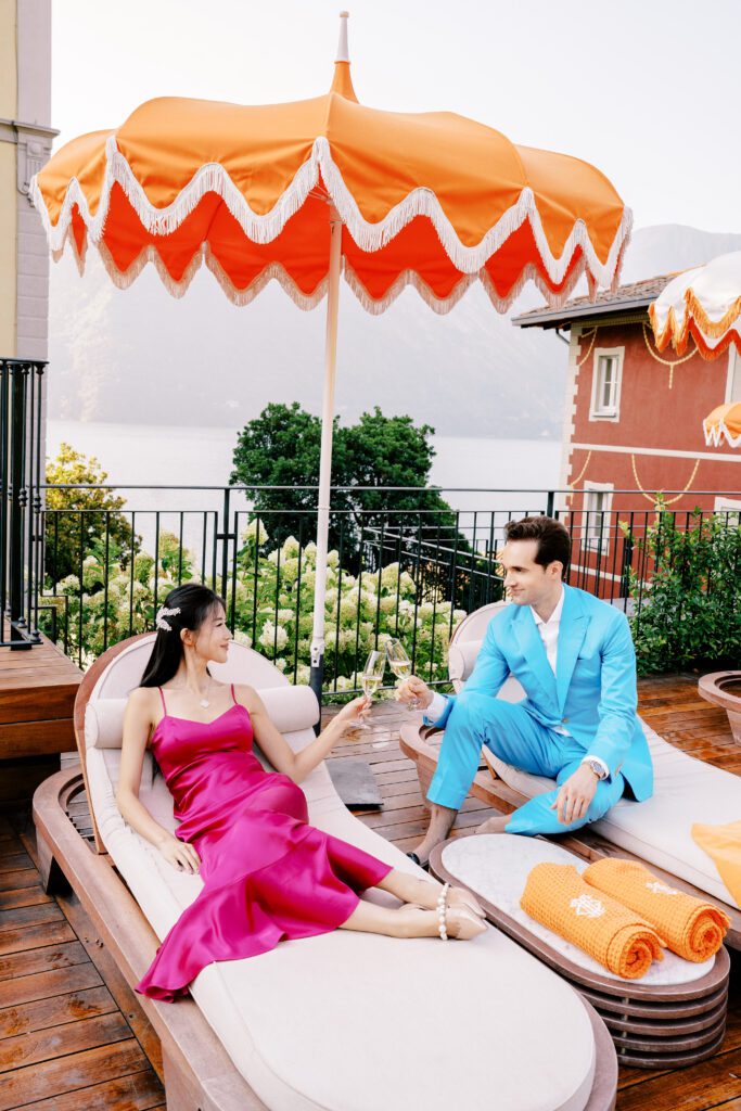 Barbie fashion inspired Lake Como engagement session at Grand Hotel Tremezzo photographed by Lake Como photographer