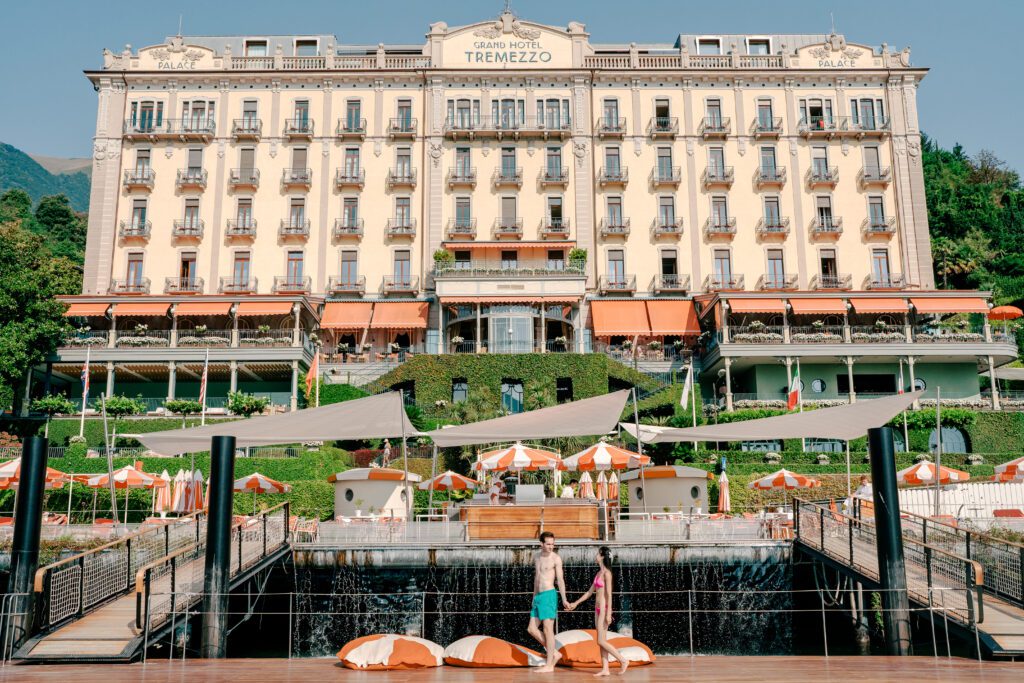 Barbie fashion inspired Lake Como engagement session at Grand Hotel Tremezzo photographed by Lake Como photographer