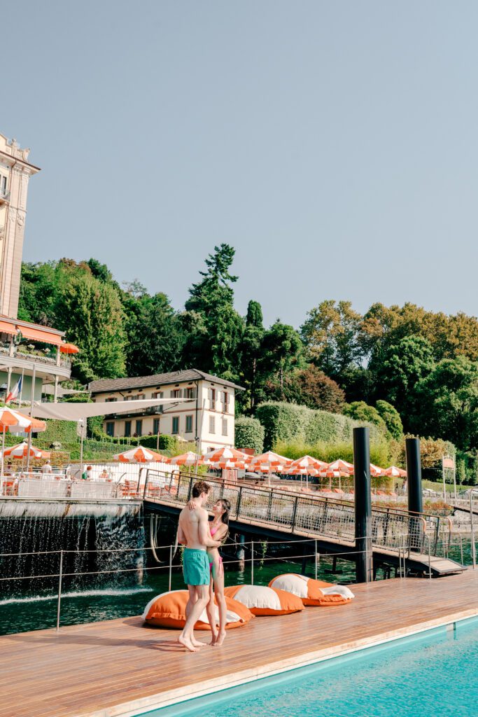 Barbie fashion inspired Lake Como engagement session at Grand Hotel Tremezzo photographed by Lake Como photographer